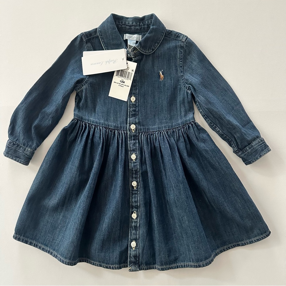 Ralph Lauren 12 Months Baby Girl Denim Long Sleeve Dress NWT